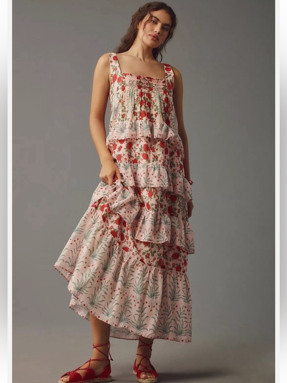 Anthropologie Pink Floral Tiered Sundress with Red Accents - Picture 11 of 13